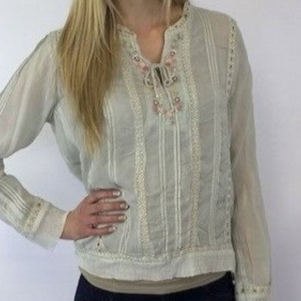 Johnny Was Pintuck Mesh Peasant Blouse with Floral Embroidery Size XS - Picture 2 of 12